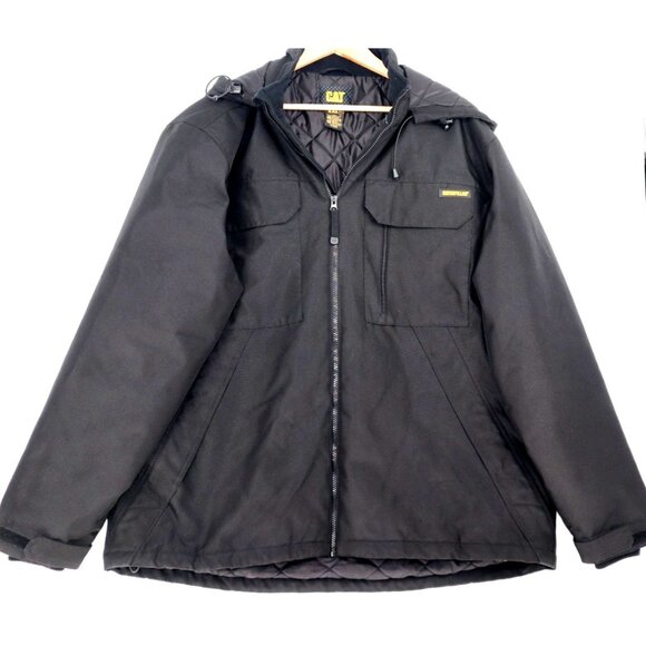 CAT Mens Black Hooded Jacket 2XL Polyester Quilted Insulation Winter - Picture 1 of 14